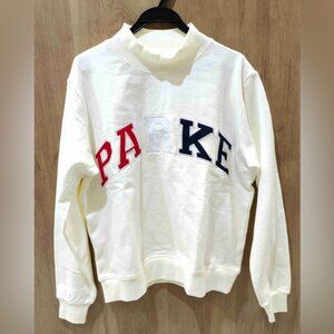 PARKE Women's Mock Neck Sweatshirt in Cream with Red and Blue Lettering